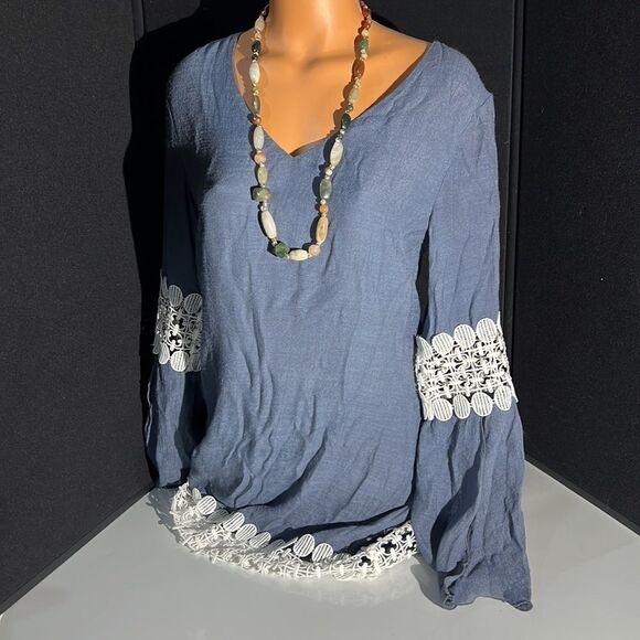 Union of Angels Blue Boho Dress / Long Top with White Trim Size Small - Picture 6 of 13